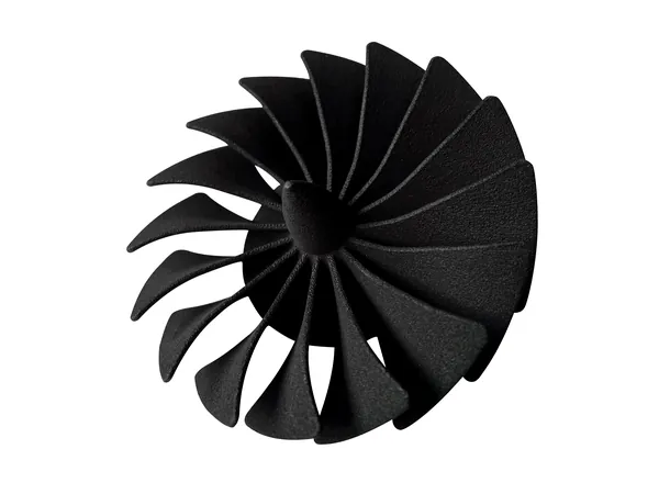 Fan with complex blade geometry printed by powder bed fusion