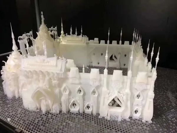 Cathedral scale model on the build platform of a resin printer